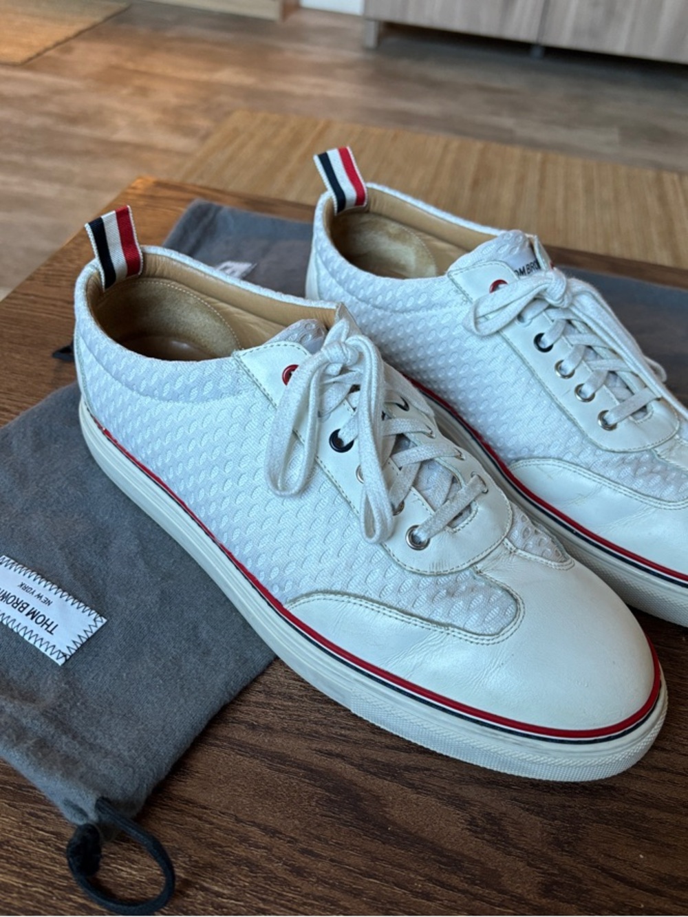 Thom Browne White Low-Top Sneakers with Red and Navy Trim. Size 12 usa men.